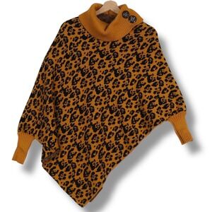 Womens Mustard Leopard Print Poncho Sweater One Size Cowl Neck Asymmetrical